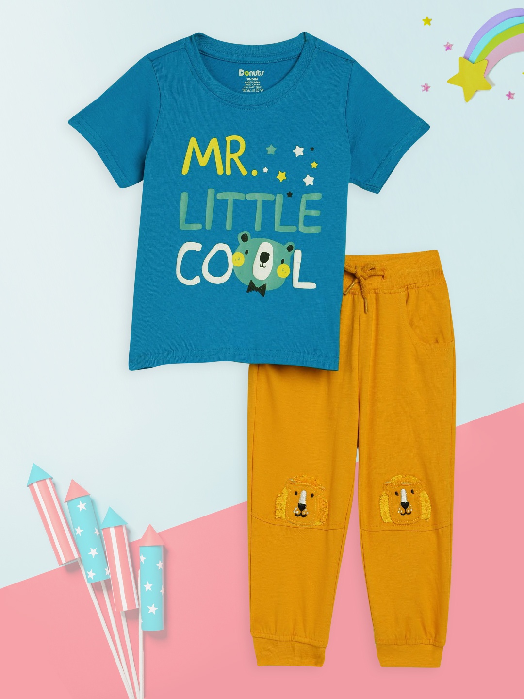 

Donuts Boys Blue & Mustard Printed T-shirt with Trousers