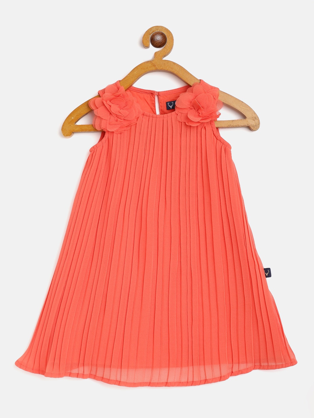 

Allen Solly Junior Girls Coral Orange Accordion Pleated Floral Corsage Detail A-Line Dress