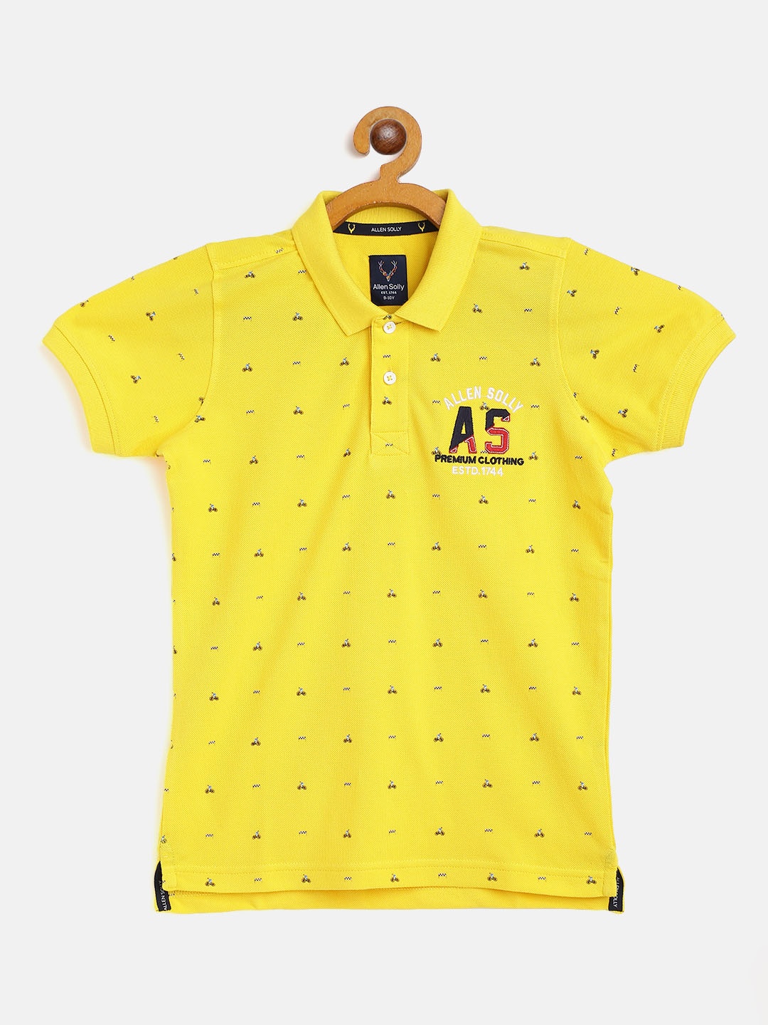

Allen Solly Junior Boys Yellow & Blue Ditsy Cycling Print Polo Collar Cotton T-shirt