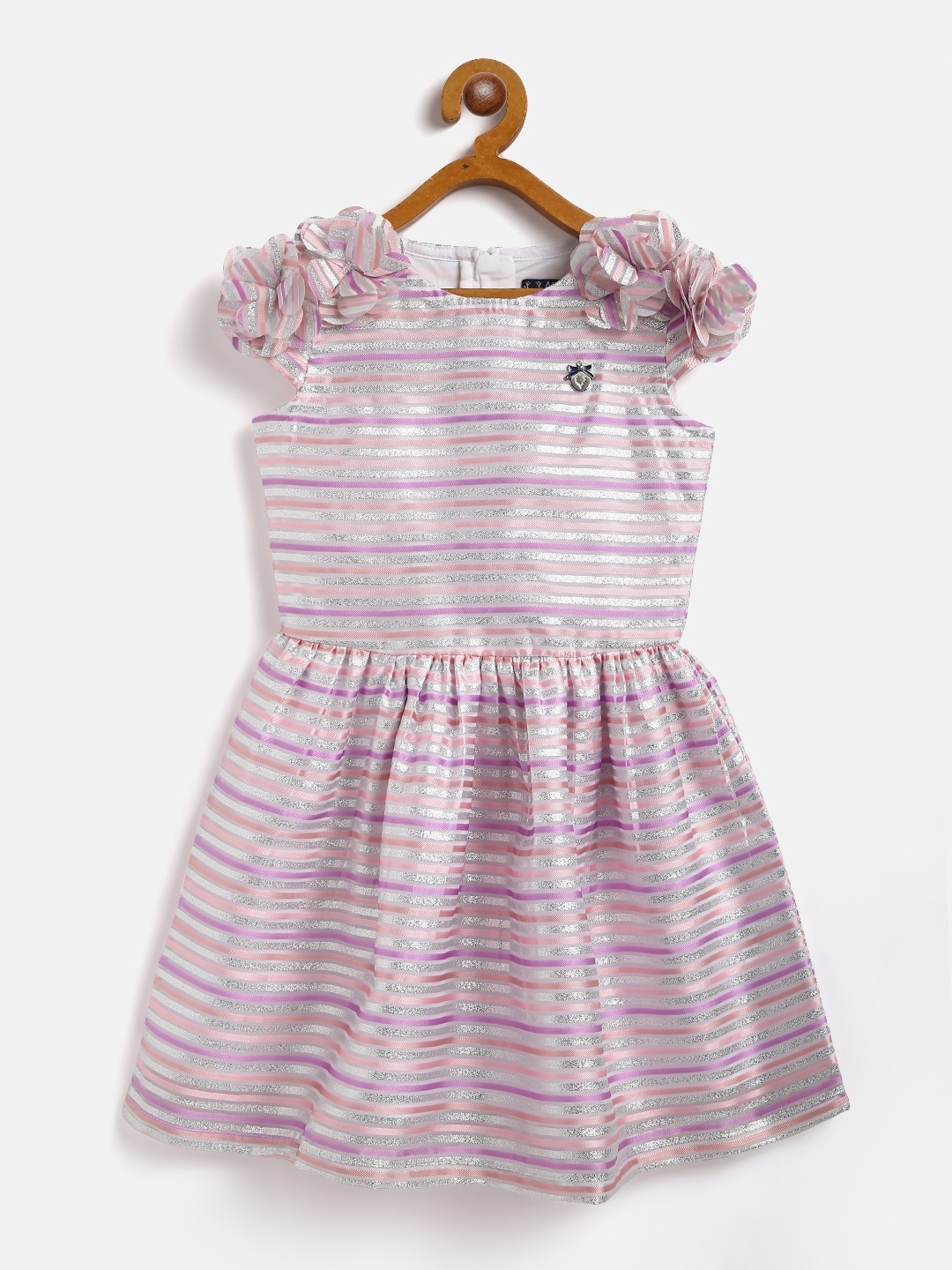 

Allen Solly Junior Girls Pink & Silver Striped Applique Fit & Flare Dress