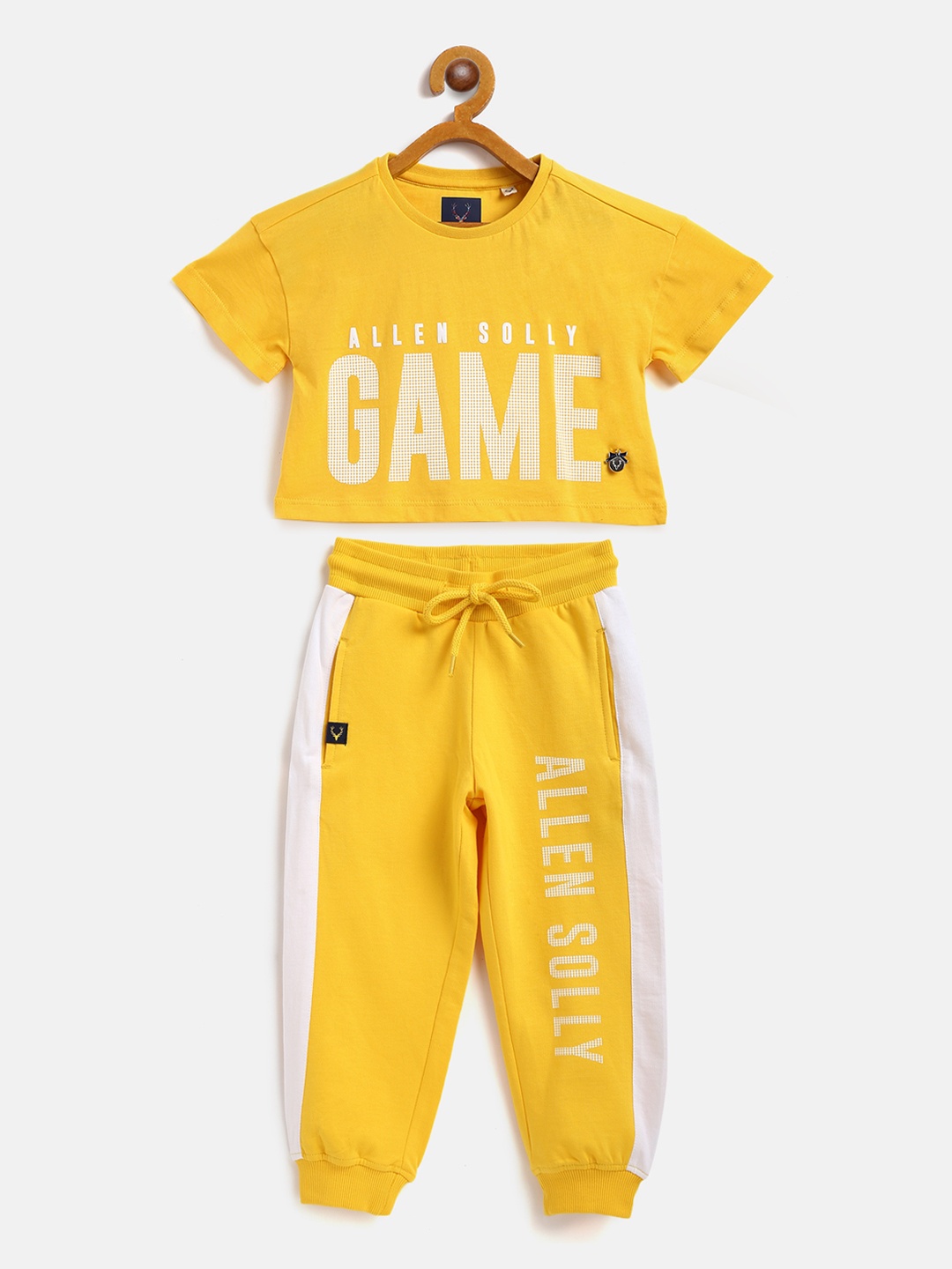 

Allen Solly Junior Girls Mustard Yellow & White Pure Cotton Printed Tracksuit