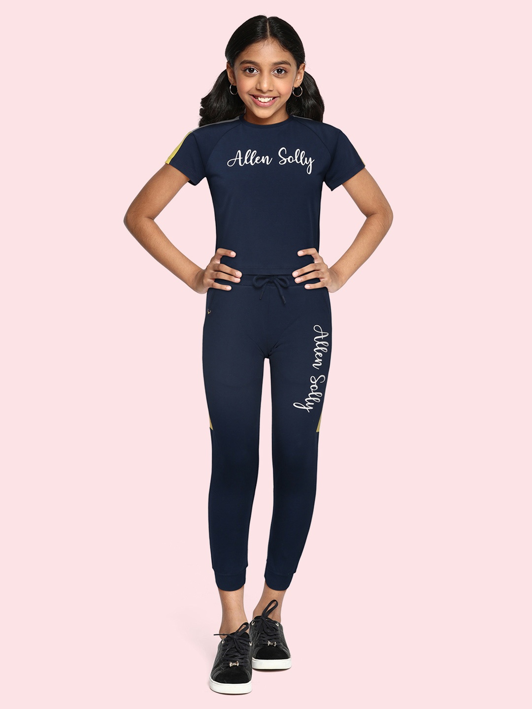 

Allen Solly Junior Girls Navy Blue & White Cotton Printed Crop T-shirt with Joggers