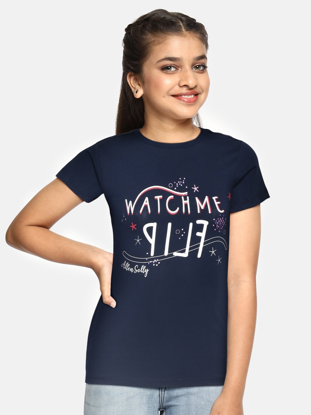 

Allen Solly Junior Girls Navy Blue Cotton Typography Printed T-shirt