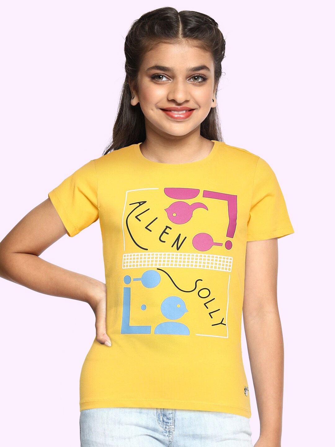 

Allen Solly Junior Girls Mustard Yellow Magenta Pure Cotton Brand Logo Print Pure Cotton T-shirt