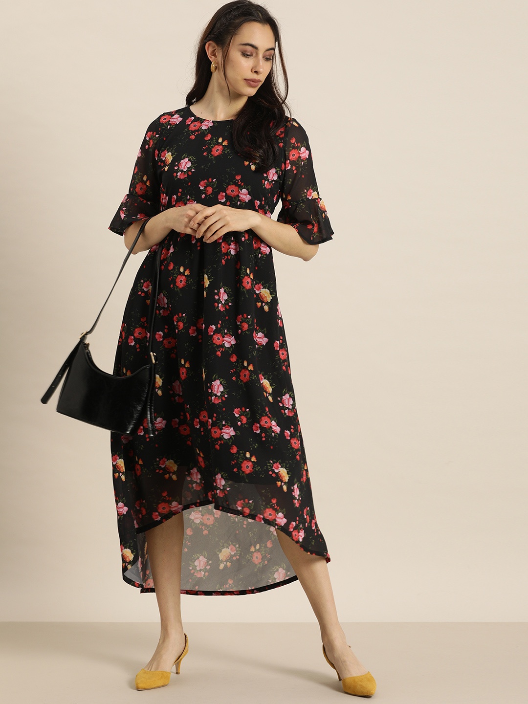 

Moda Rapido Black & Red Floral Printed A-Line Midi Dress