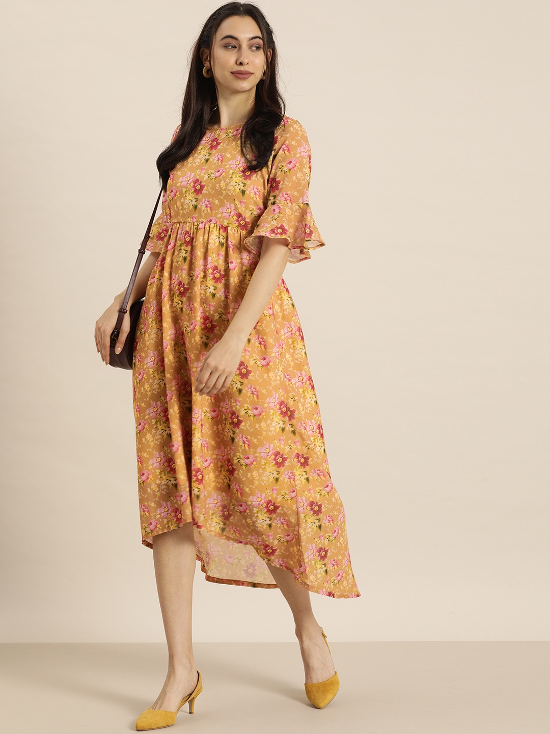 

Moda Rapido Brown Floral Printed A-Line Midi Dress