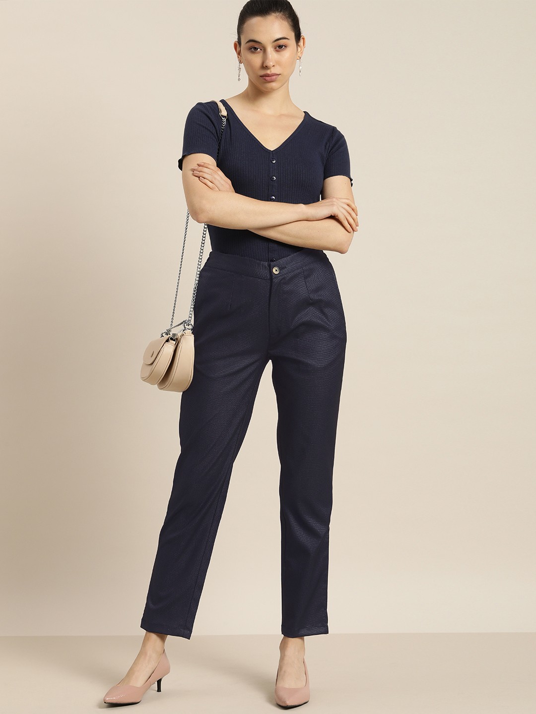 

Moda Rapido Women Navy Blue Textured Trousers