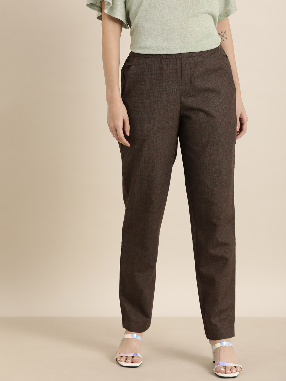 

Moda Rapido Women Brown Checked Straight Fit Trousers