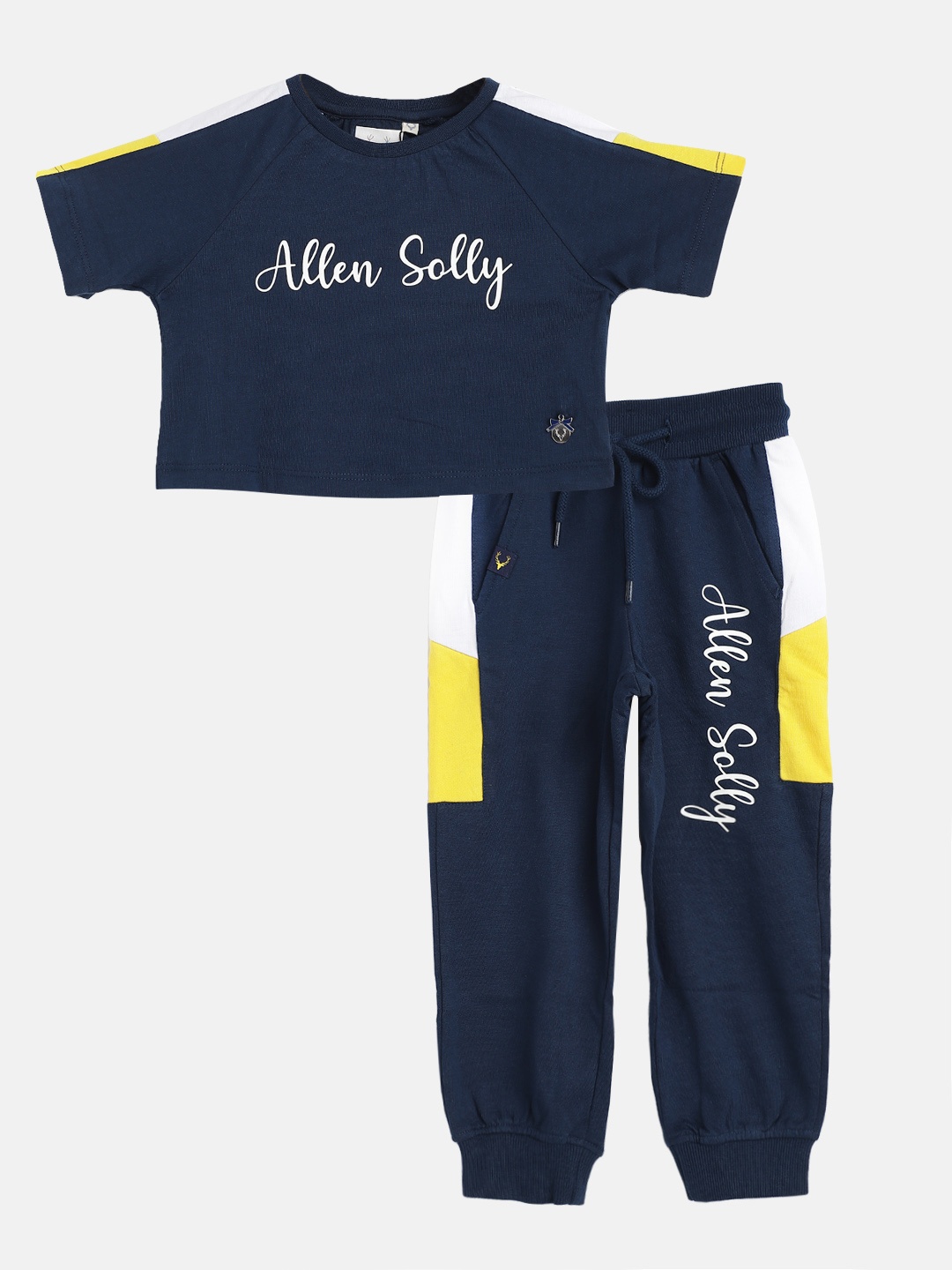 

Allen Solly Junior Girls Navy Blue & White Cotton Printed Crop T-shirt with Joggers