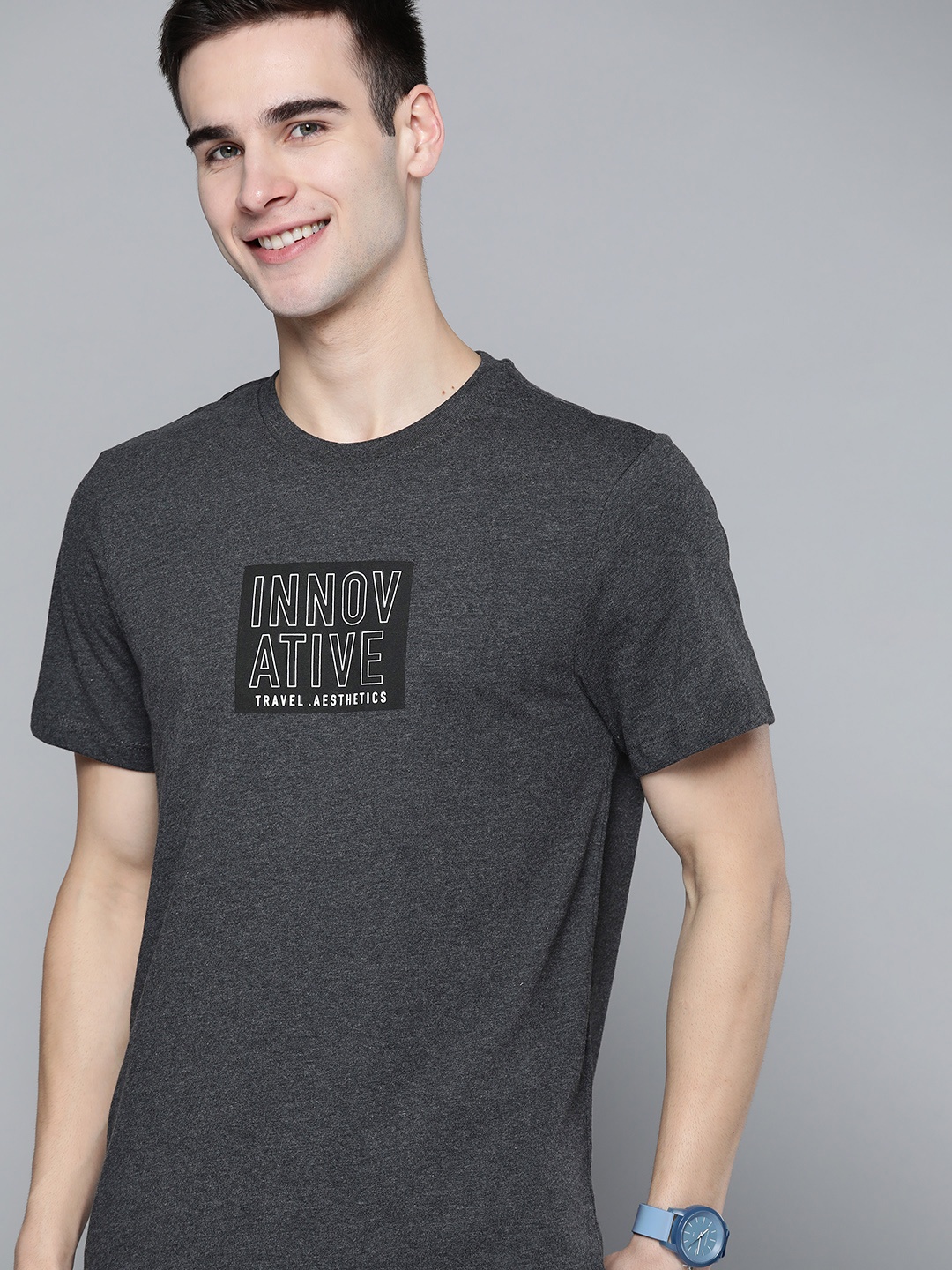 

Mast & Harbour Men Charcoal Grey & White Typography Printed T-shirt