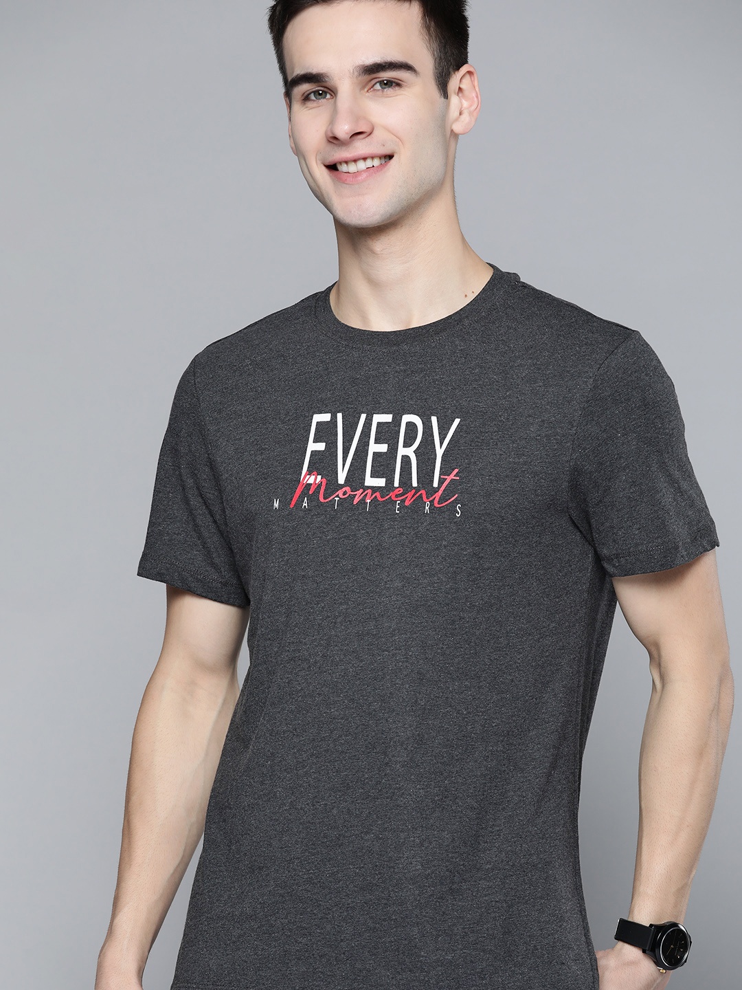 

Mast & Harbour Men Charcoal Grey & White Typography Printed T-shirt