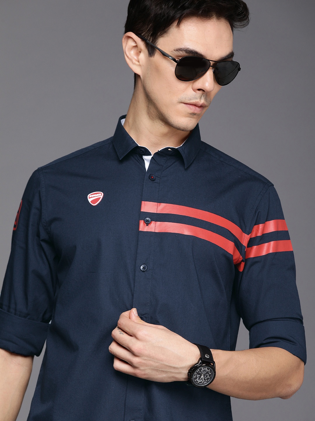 

Ducati Men Navy Blue & Red Striped Casual Shirt