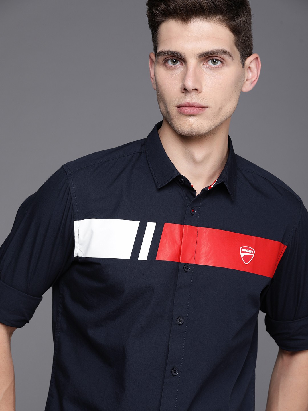 

Ducati Men Navy Blue Solid Regular Fit Pure Cotton Casual Shirt With Taping Detail