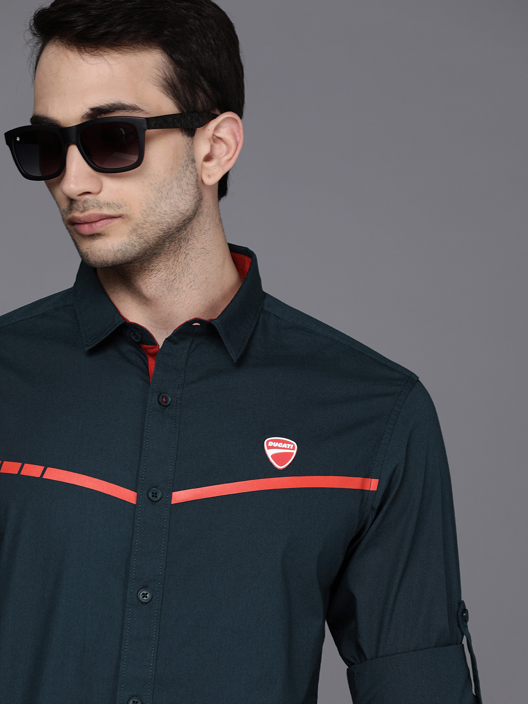 

Ducati Men Dark Blue Striped Detail Opaque Pure Cotton Casual Shirt