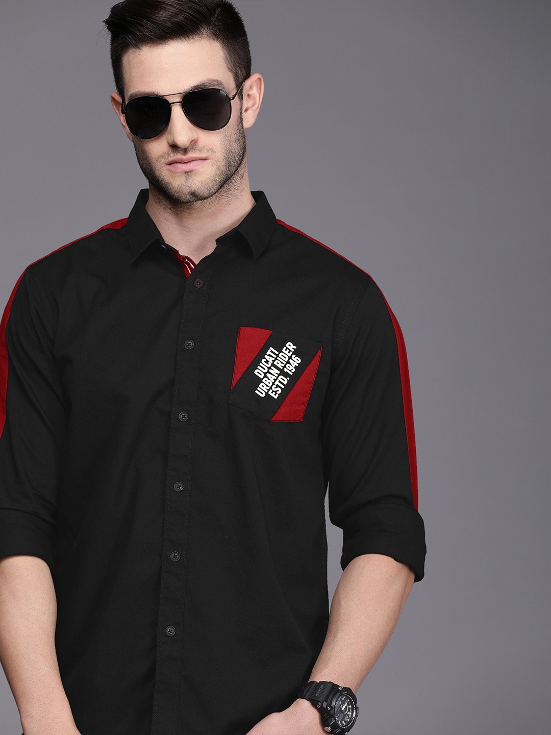 

Ducati Men Black Solid Pure Cotton Casual Shirt with Side Taping