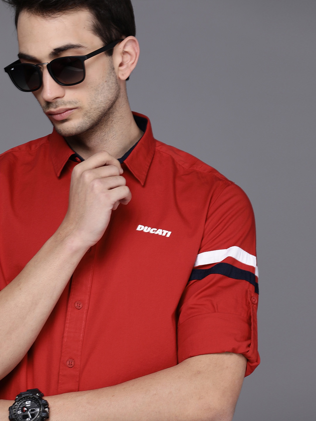 

Ducati Men Red Solid Striped Sleeves Opaque Pure Cotton Casual Shirt