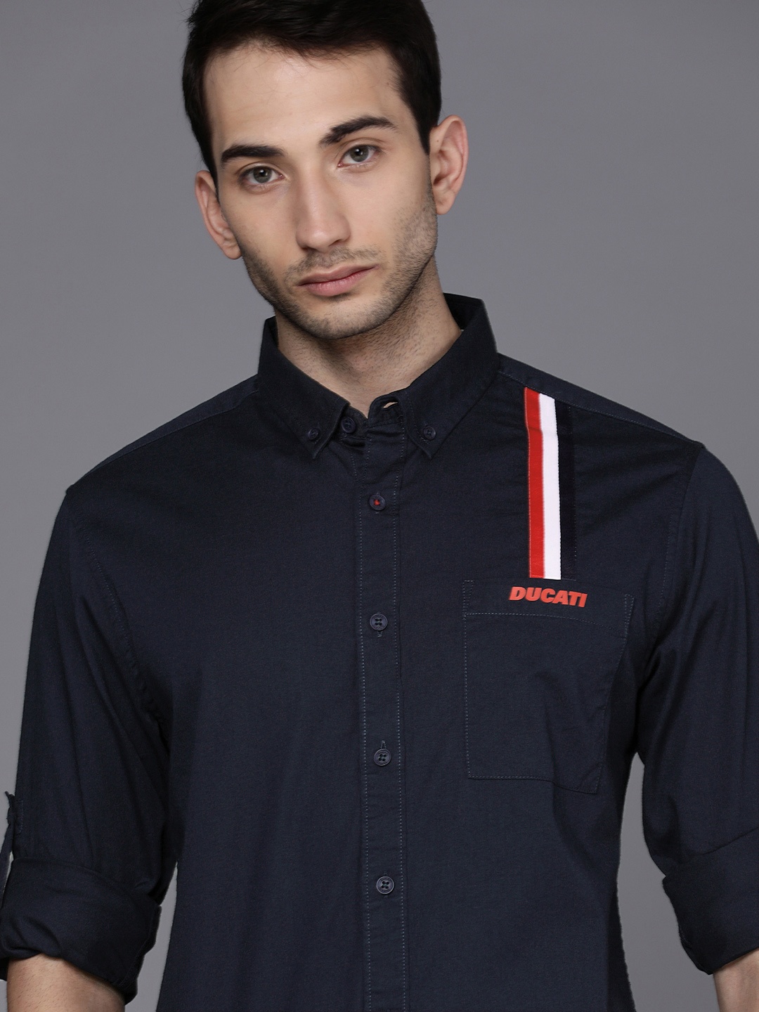 

Ducati Men Navy Blue Printed Detail Opaque Pure Cotton Casual Shirt