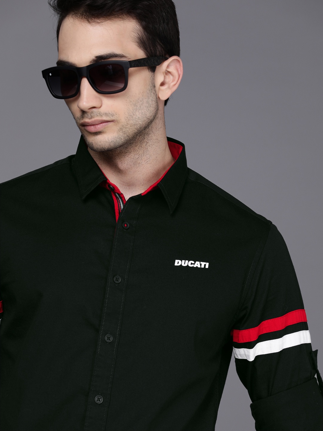 

Ducati Men Black Solid Striped Sleeves Opaque Pure Cotton Casual Shirt