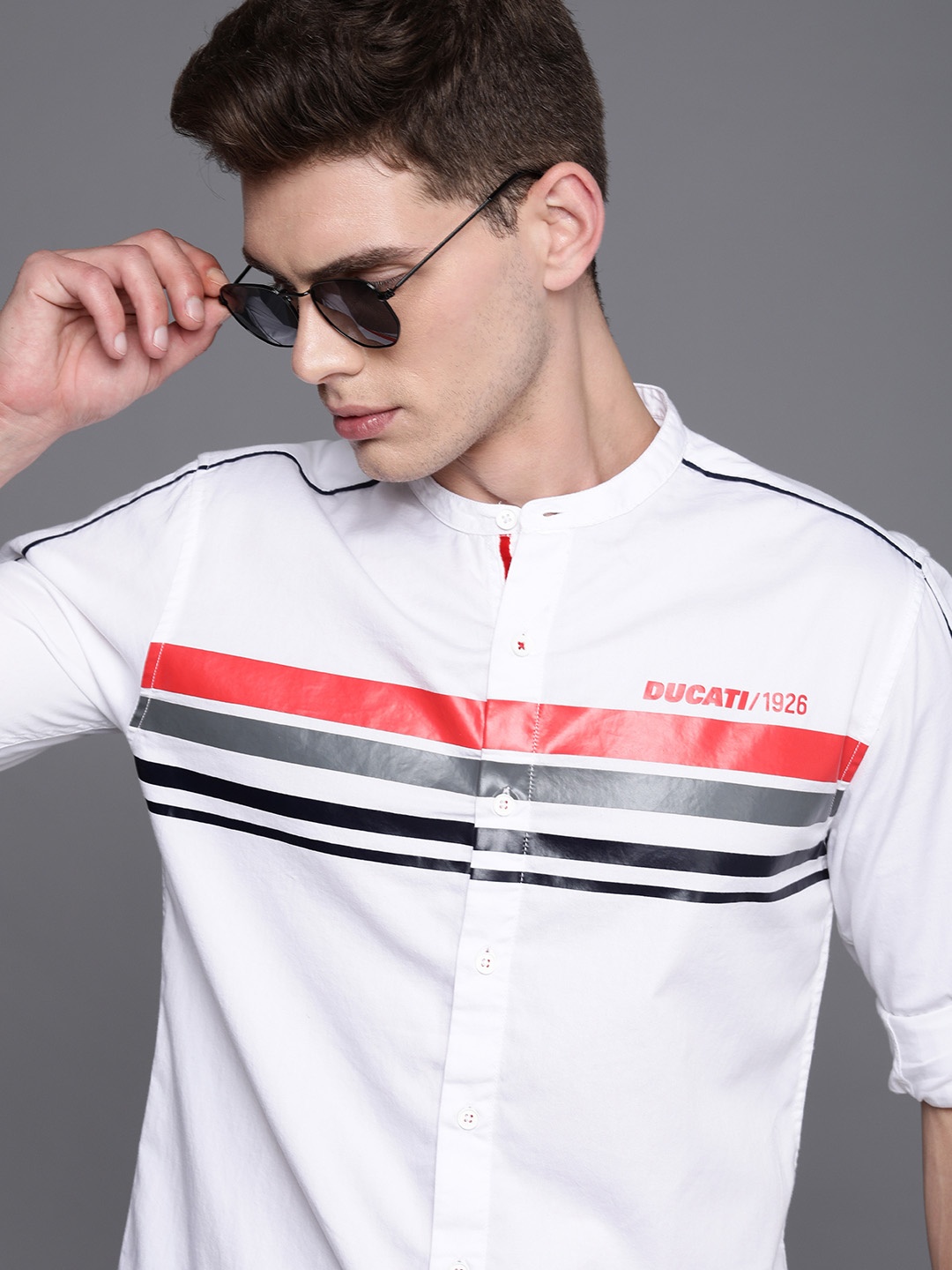 

Ducati Men White Striped Opaque Pure Cotton Casual Shirt