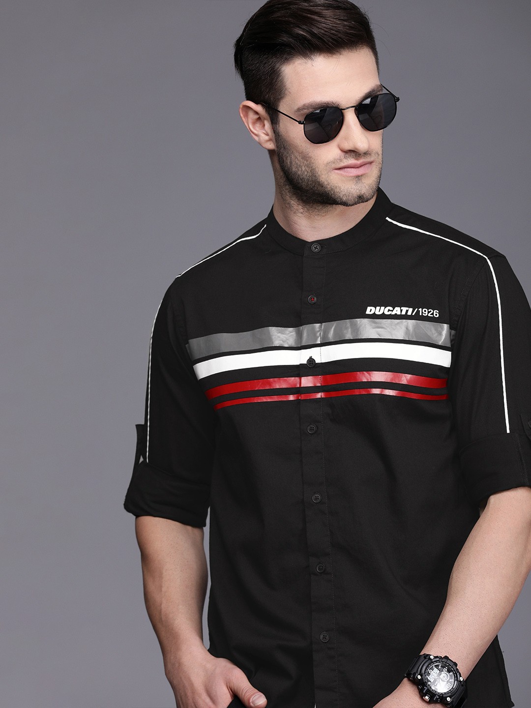 

Ducati Men Black & Red Horizontal Striped Pure Cotton Casual Shirt