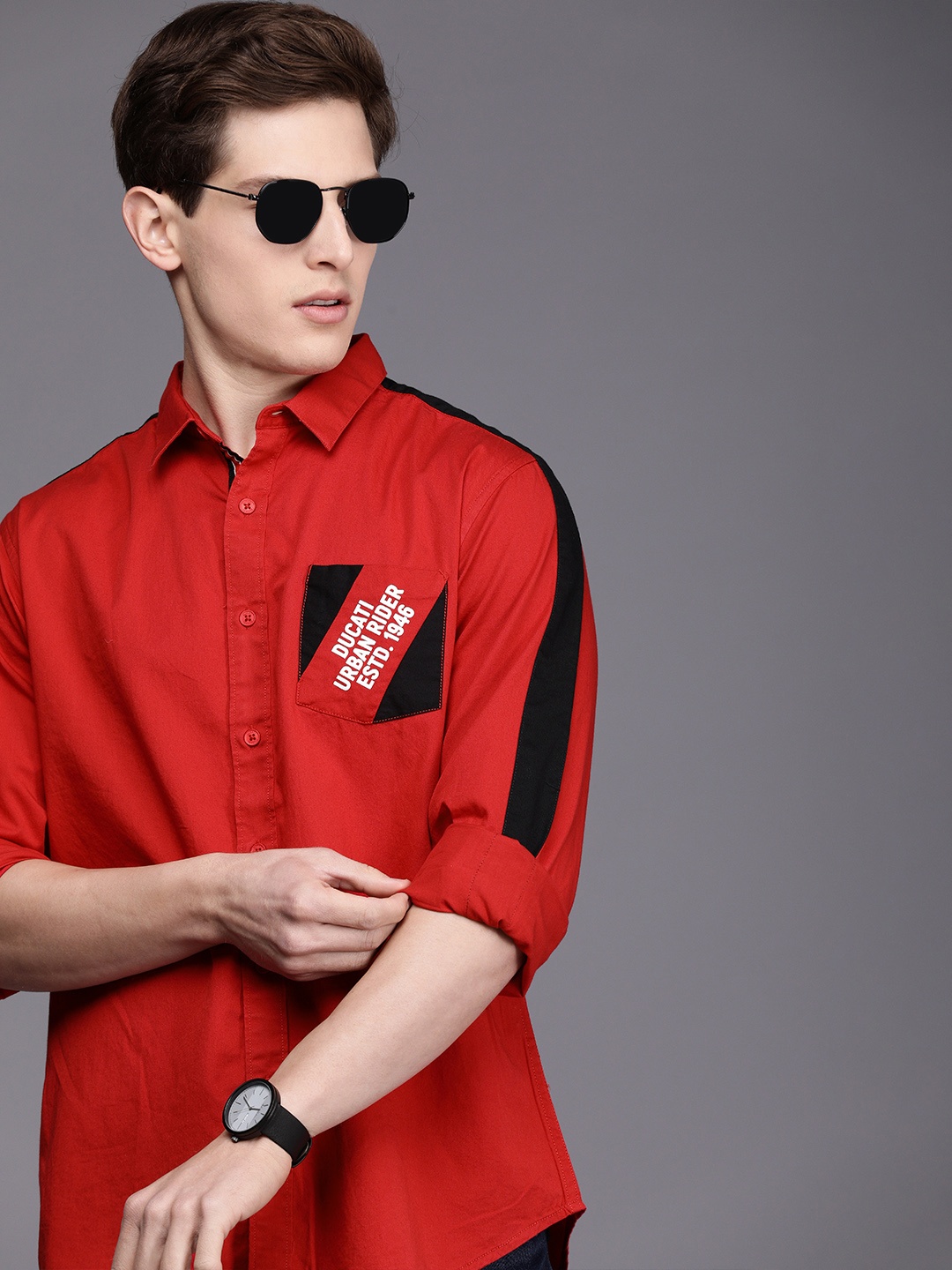 

Ducati Men Red Solid Pure Cotton Casual Shirt with Side Taping