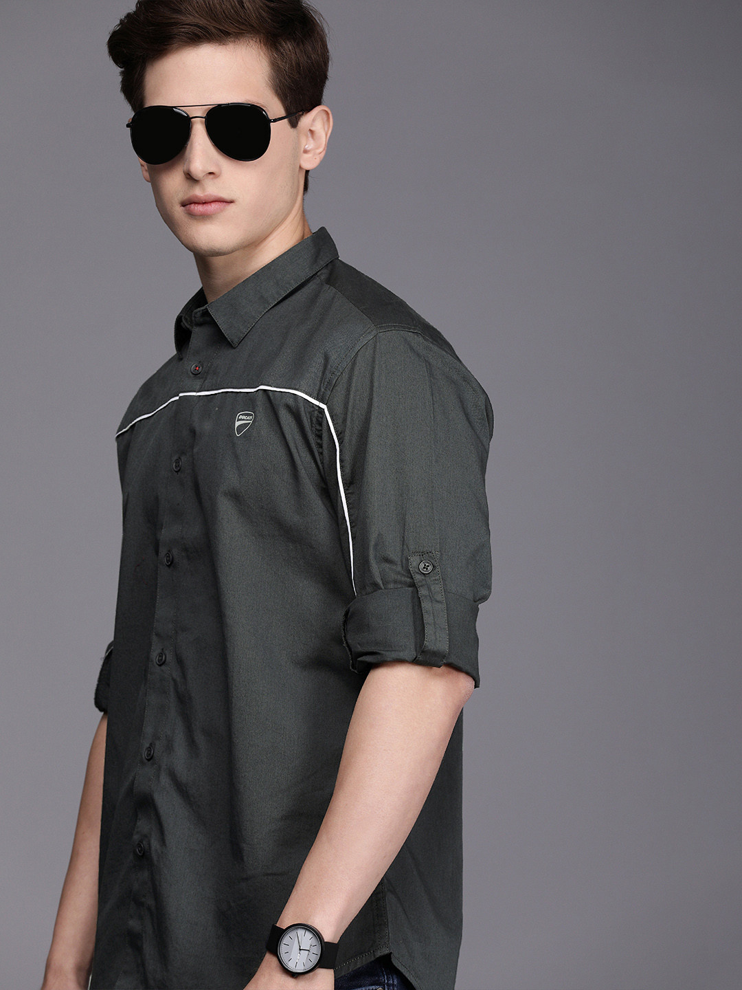 

Ducati Men Charcoal Grey Solid Pure Cotton Casual Shirt
