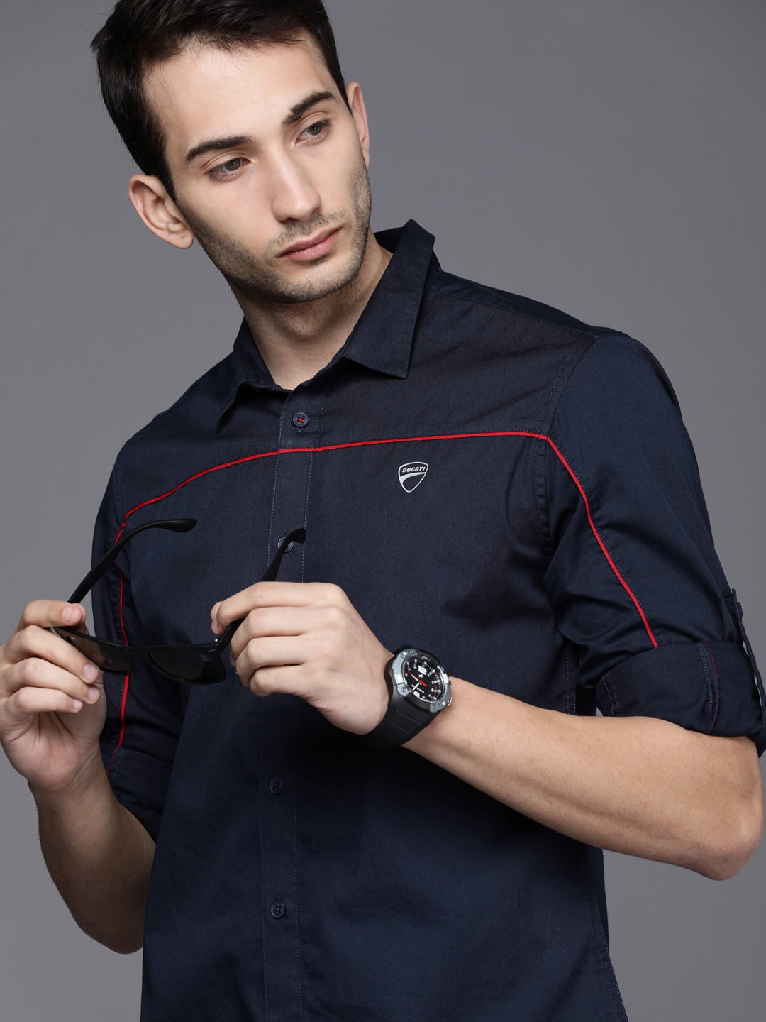 

Ducati Men Navy Blue Solid Casual Shirt