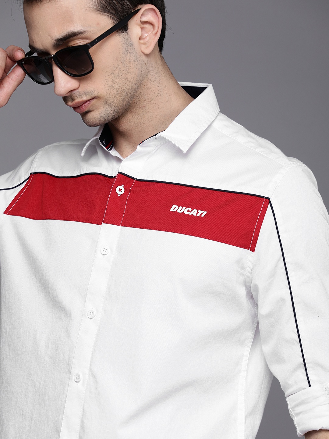 

Ducati Men White & Red Opaque Colourblocked Casual Shirt with Brand Logo Print