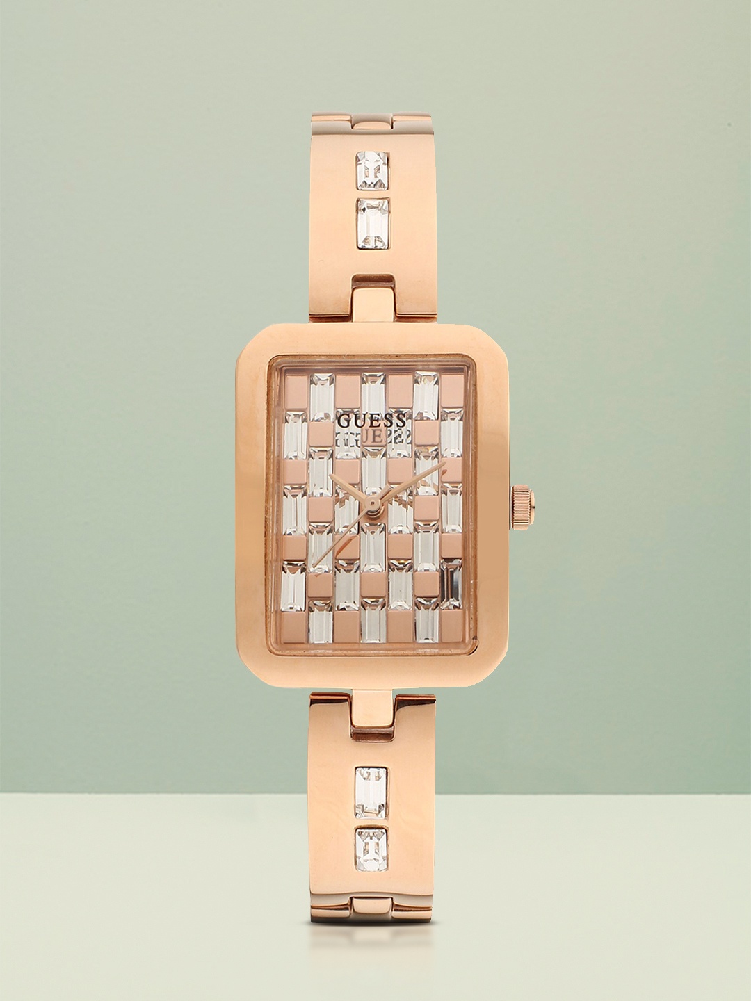 

GUESS Women Analogue Rose Gold-Toned Embellished Dial With Bracelet Style Strap Watch