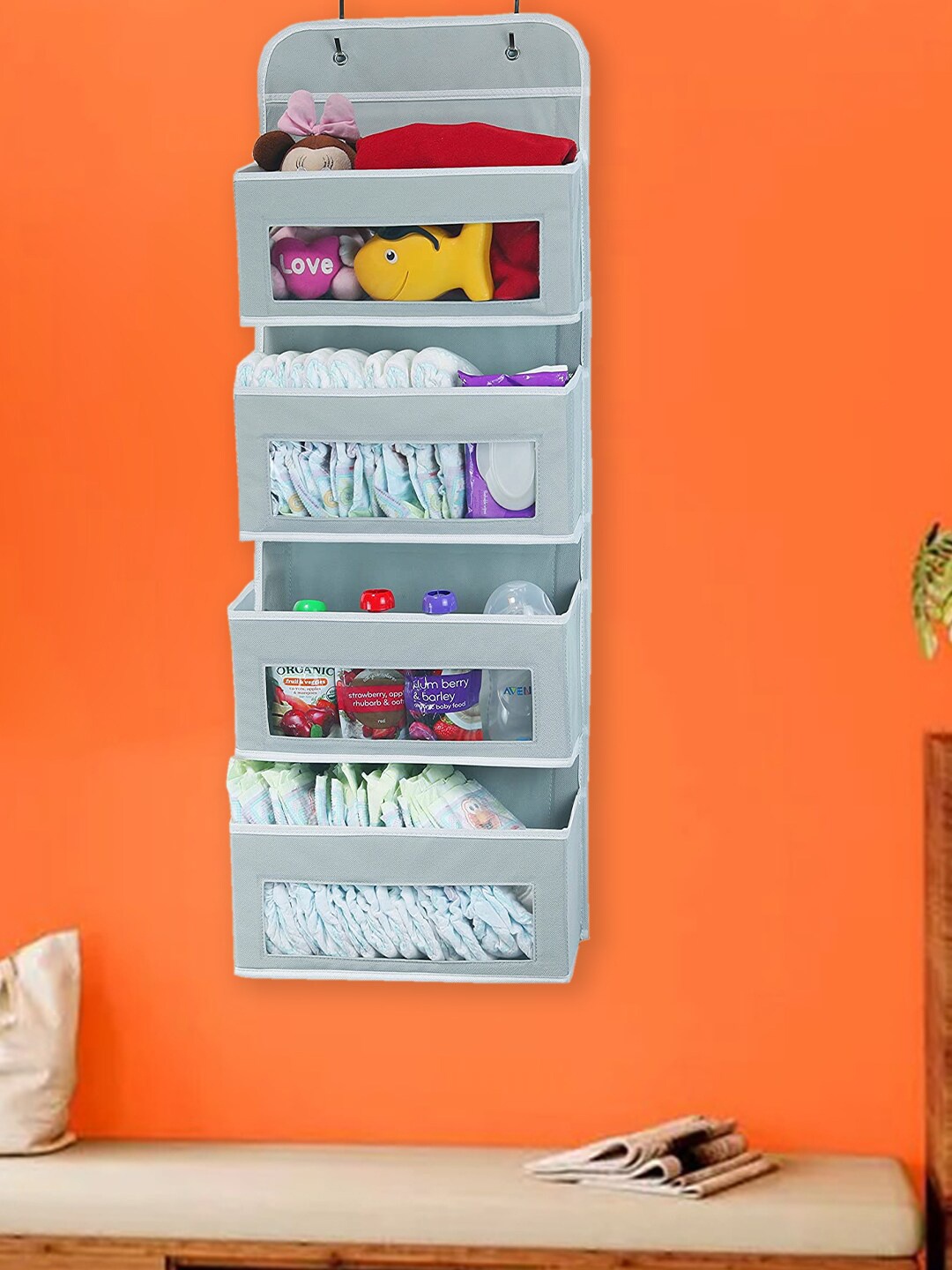 

prettykrafts Grey Solid Wall Mount 4-Tier Clear Window Closet Organizer