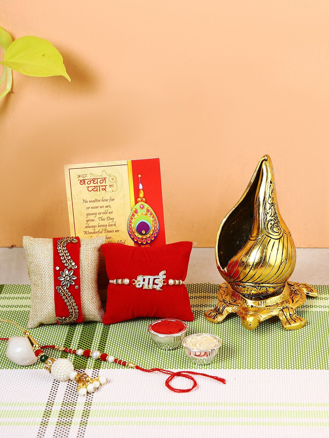 

CraftVatika Set Of 4 Rakhi With Metal Tortoise Shank, Red