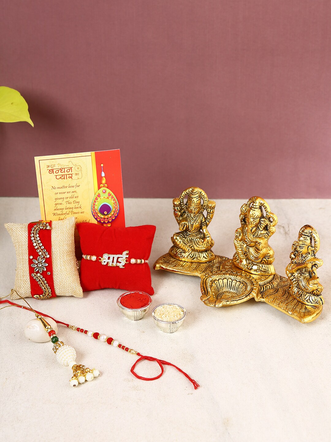 

Rakhi For Brother With Gift Lakshmi Ganesh Saraswati Diya, Multi