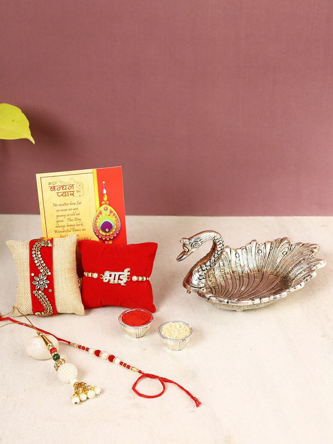 

CraftVatika Set of 4 Rakhi with Metal Swan Shape Dry Fruit Tray, Multi