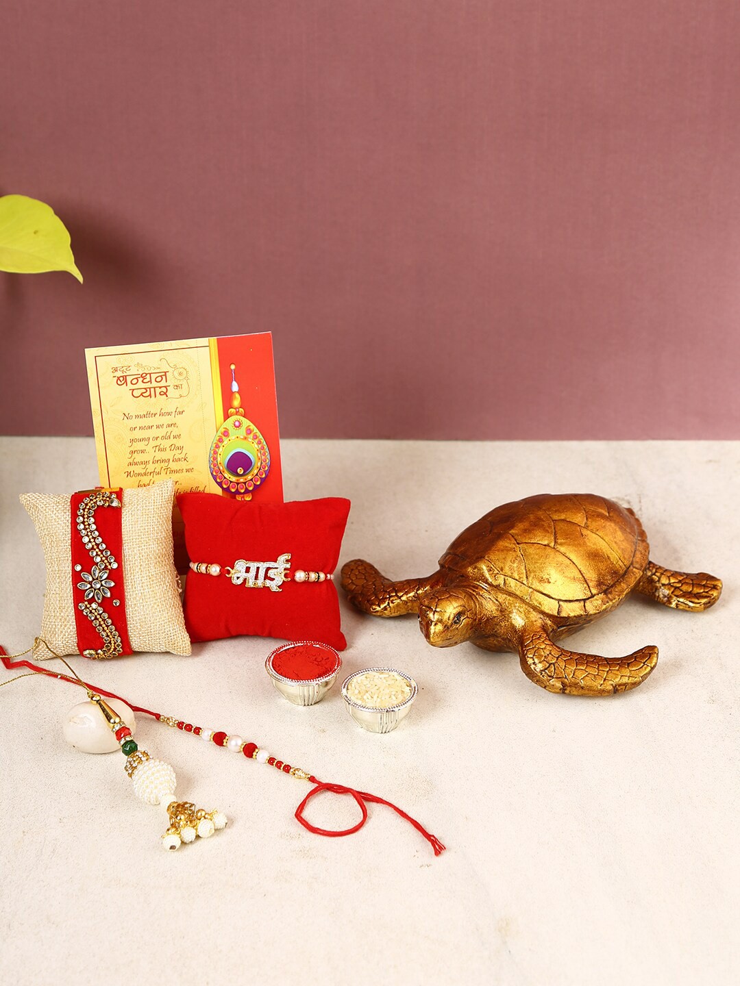 

CraftVatika Set Of 4 Rakhi With Fengshui Vastu Turtle Showpiece, Red