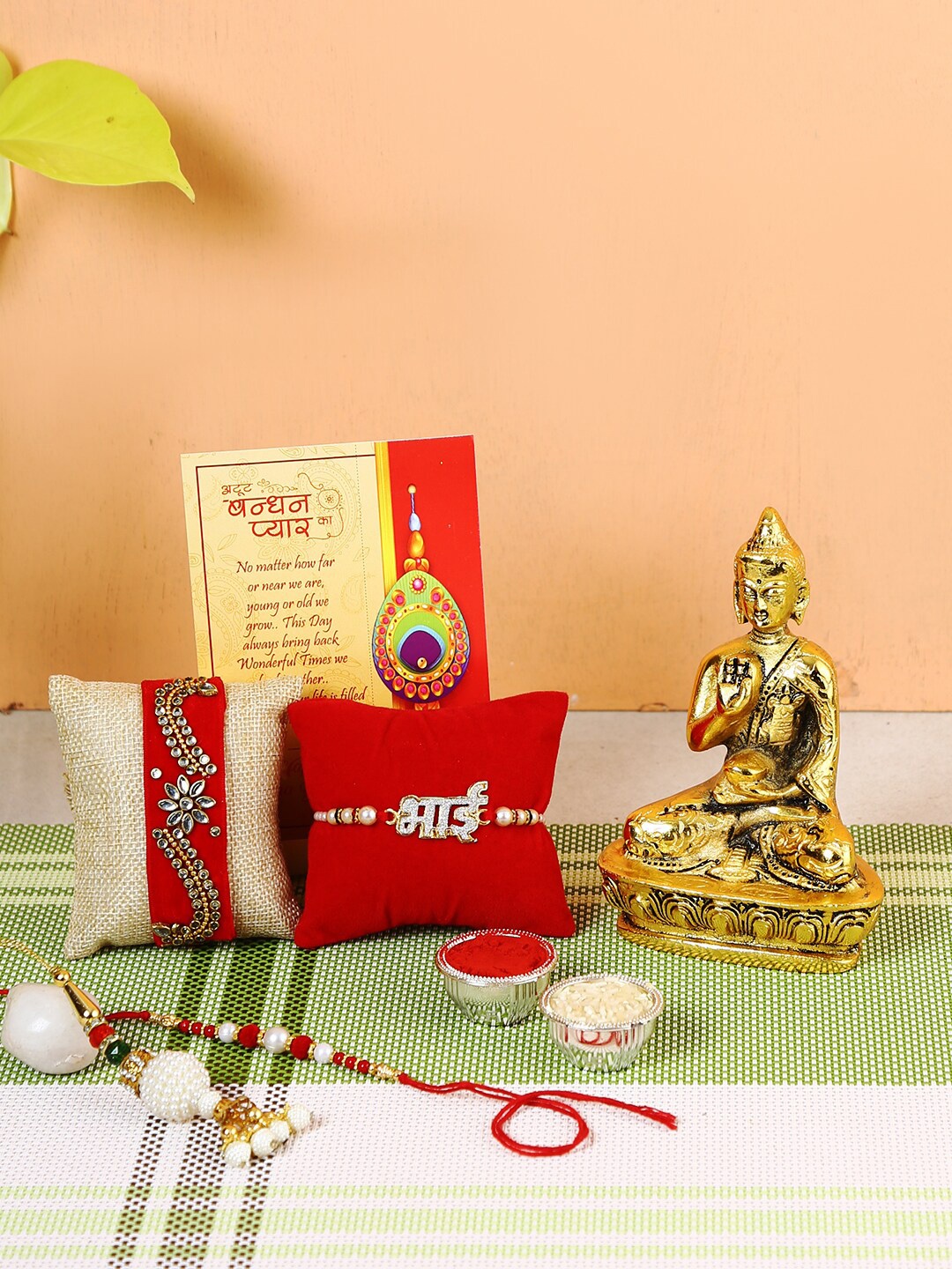 

CraftVatika Red & Gold-Toned Buddha Idol Rakhi Gift Set