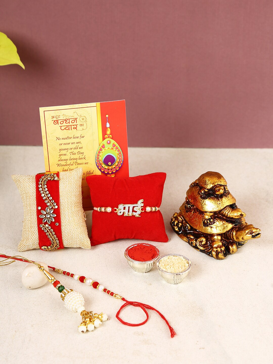 

CraftVatika Set of 4 Rakhi with Tortoise Family Showpiece, Multi