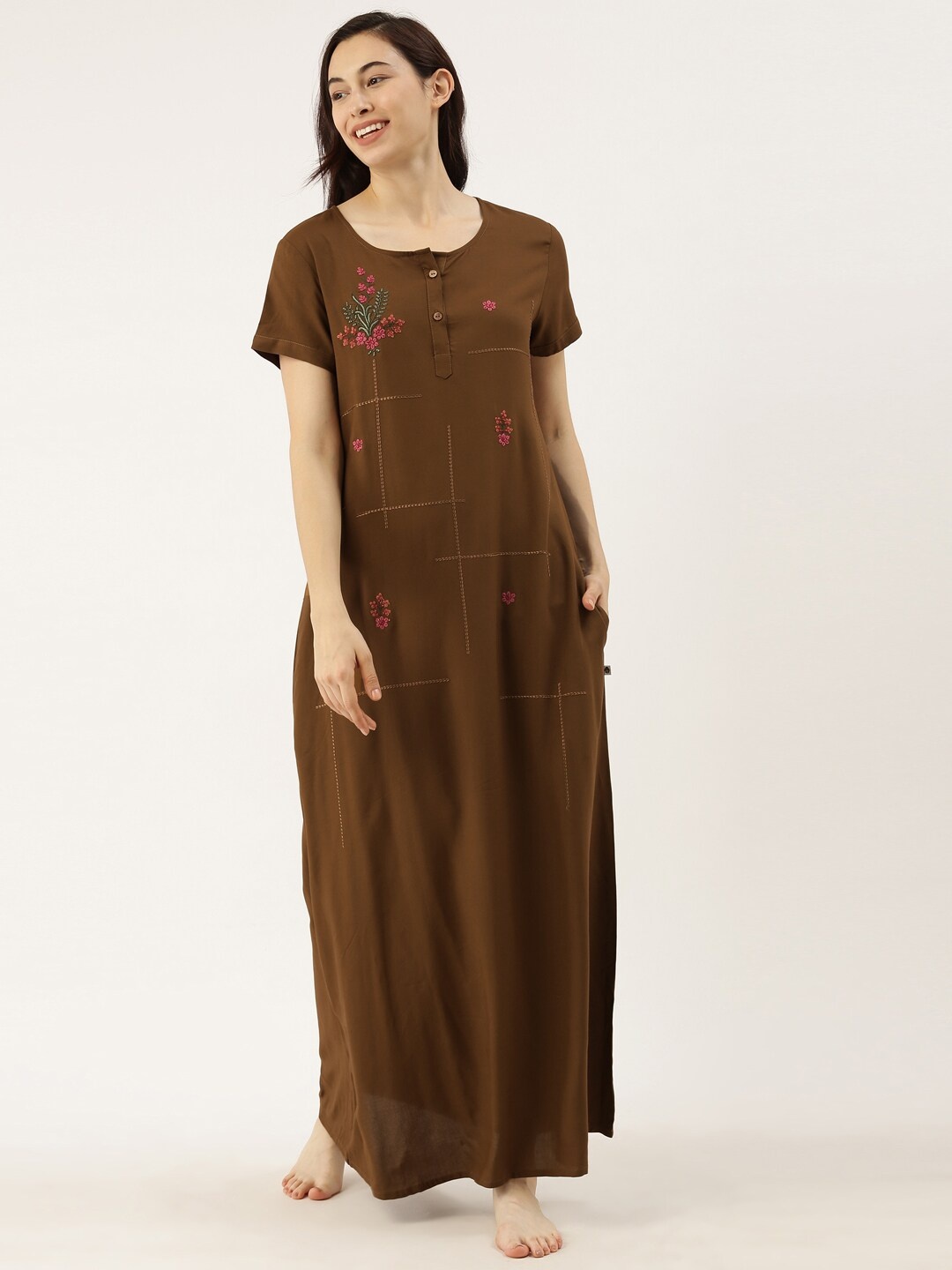 

Bannos Swagger Women Brown Embroidered Maxi Night Dress