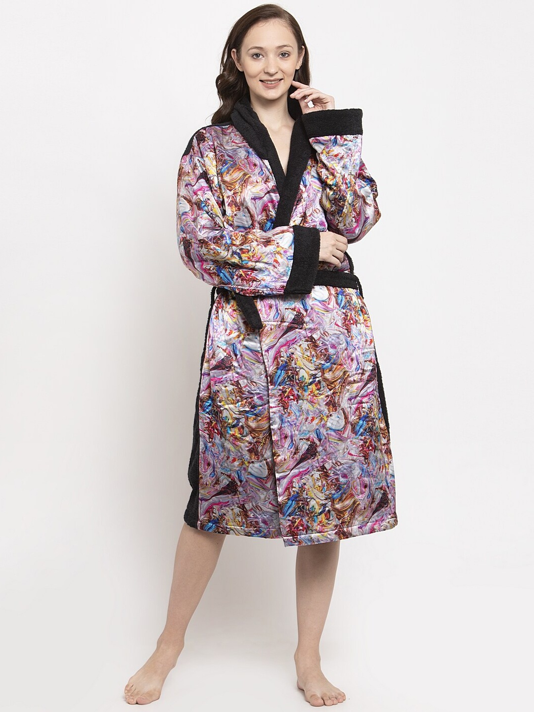 

DECOREALM Women Purple & Black Printed Cotton Bathrobe
