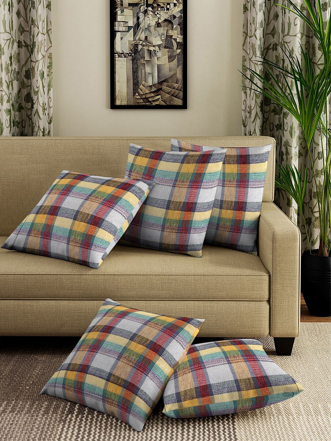 

KLOTTHE Set Of 5 Off White & Red Checked Square Cushion Covers