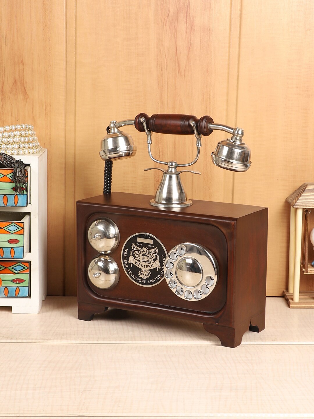 

EXIM DECOR Brown & Silver-Toned Vintage Style Telephone Wooden Showpiece