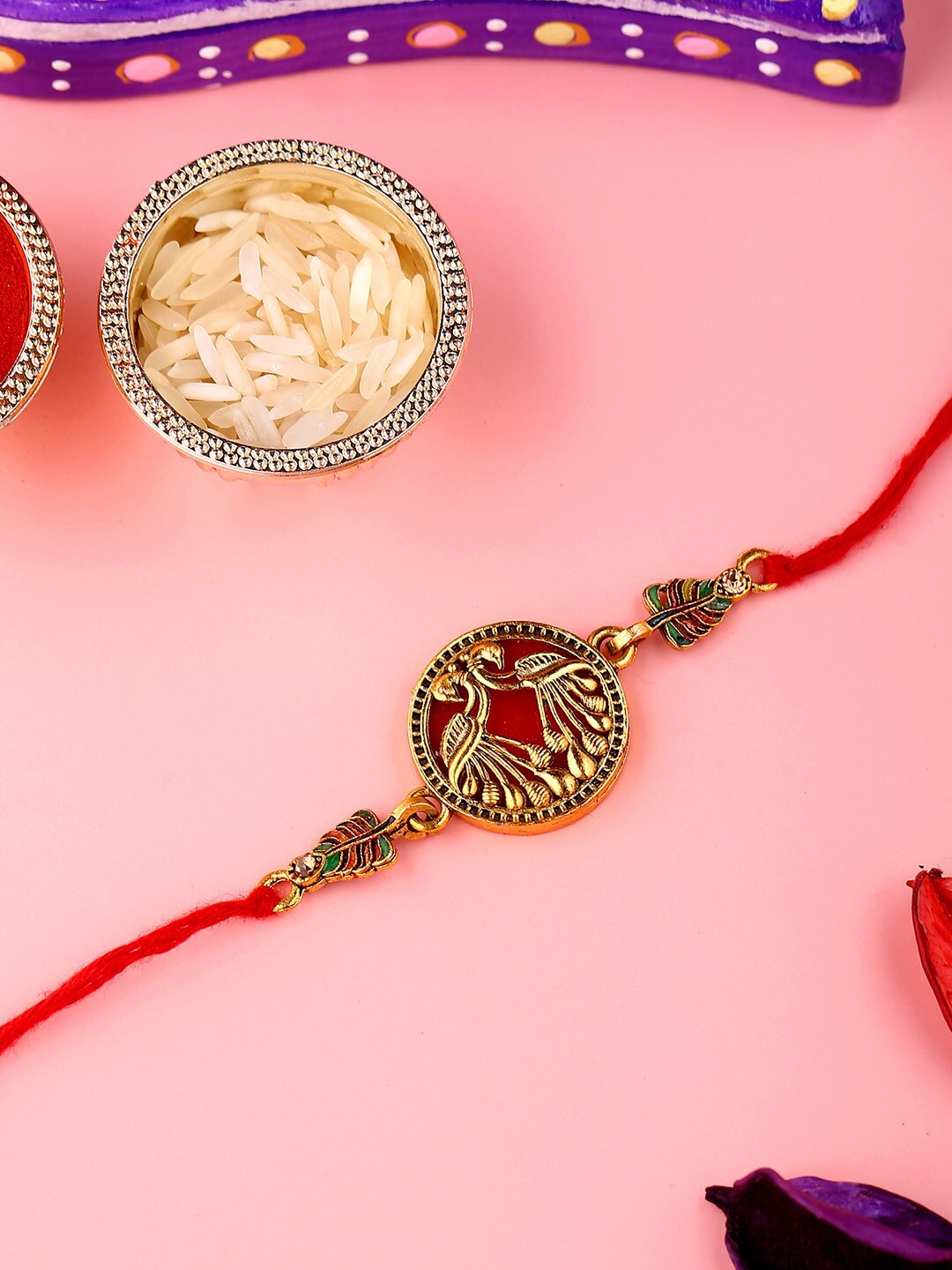 

Voylla Designer Gold Toned Peacock Rakhi with Roli Chaawal Pack, Red