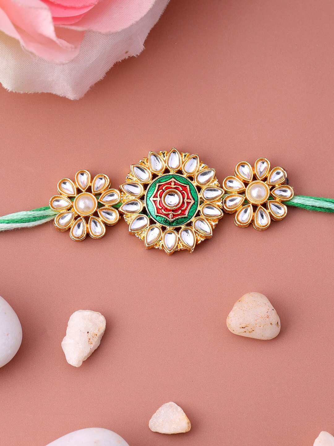 

Voylla Kundan Enameled Floral Rakhi with Roli Chaawal Pack, Green
