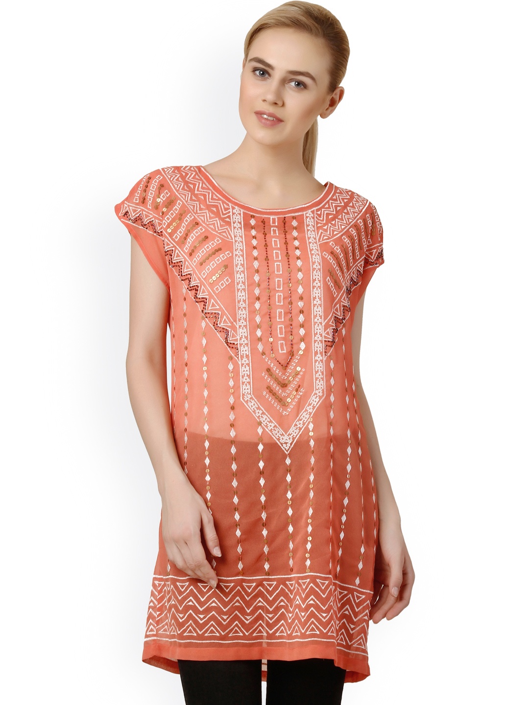 

Oxolloxo Orange Embroidered Polyester Sheer Tunic