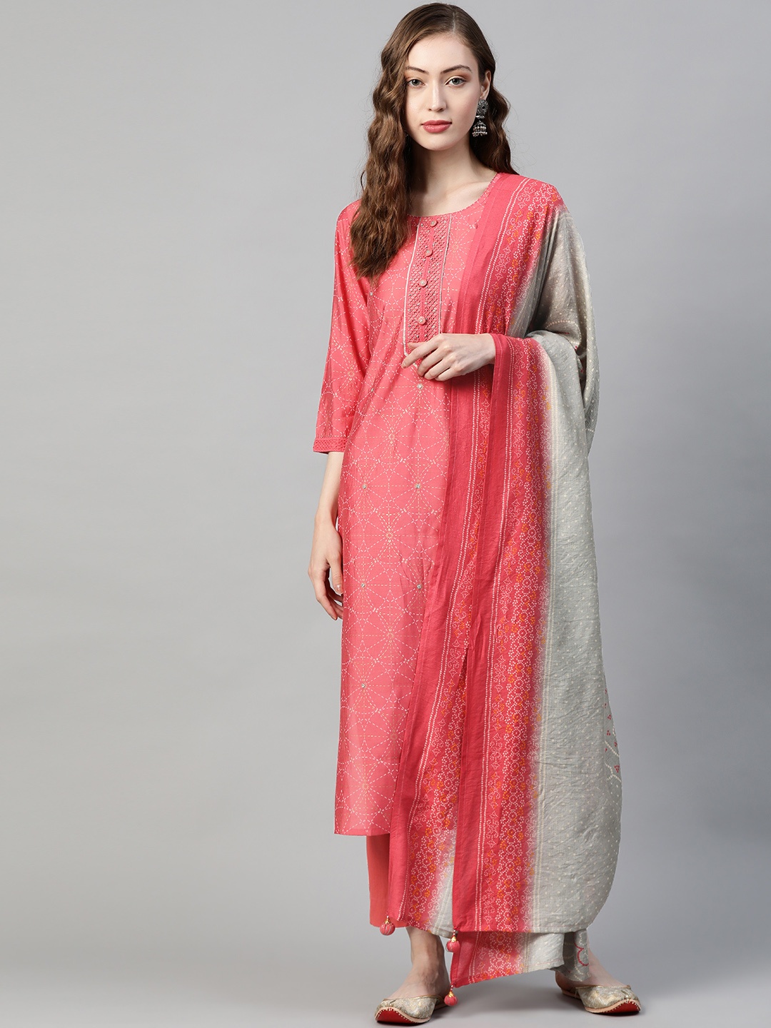 

PIROH Women Pink & Grey Ethnic Motifs Printed Thread Work Kurta with Trousers & Dupatta