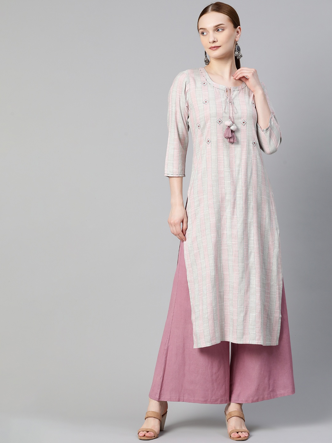 

PIROH Women Pink & Green Striped Pure Cotton Keyhole Neck Kurta