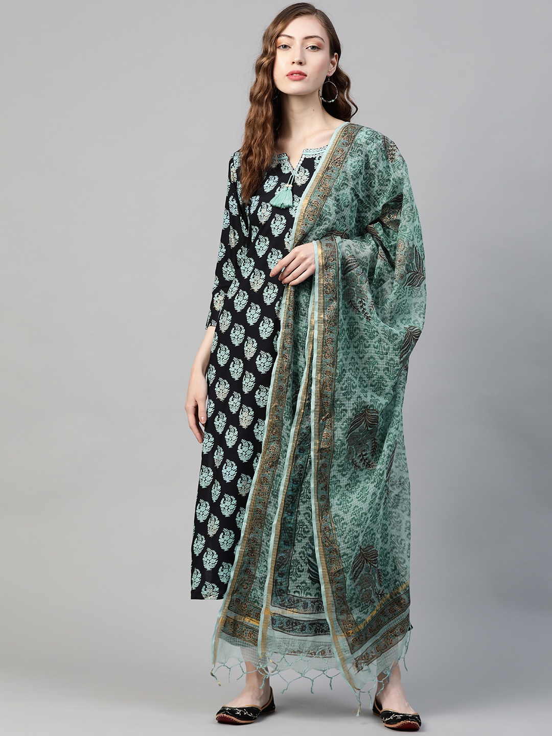 

PIROH Women Navy Blue & Sea Green Ethnic Motifs Printed Kurta with Trousers & Dupatta
