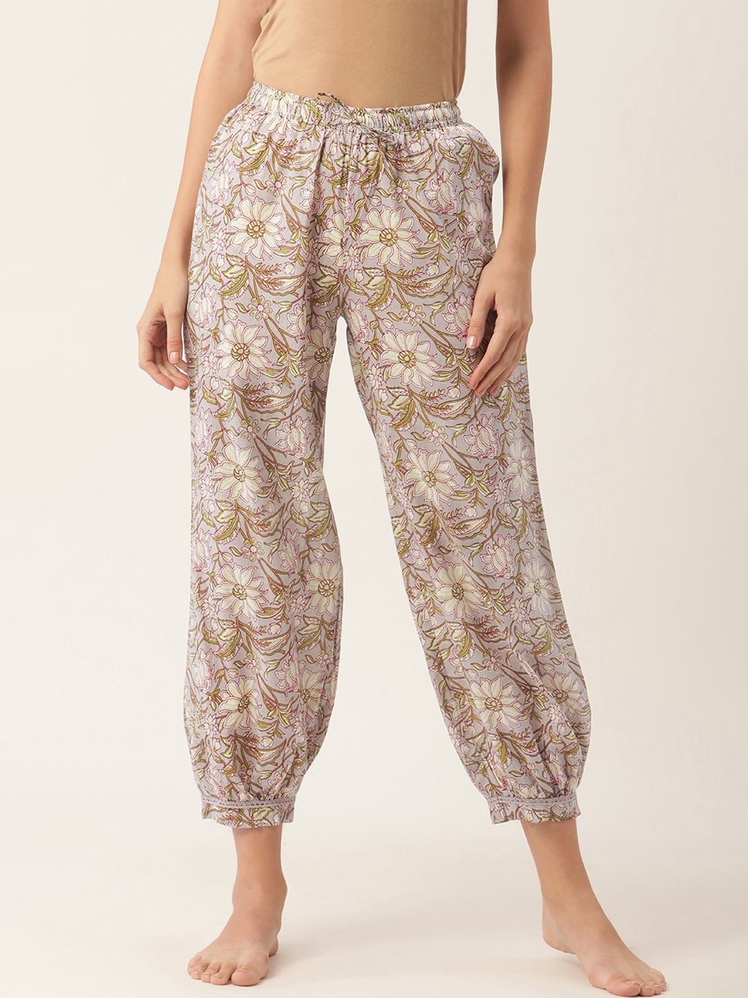 

pinwheel Women Grey & Olive Green Pure Cotton Printed Jogger Style Lounge Pants