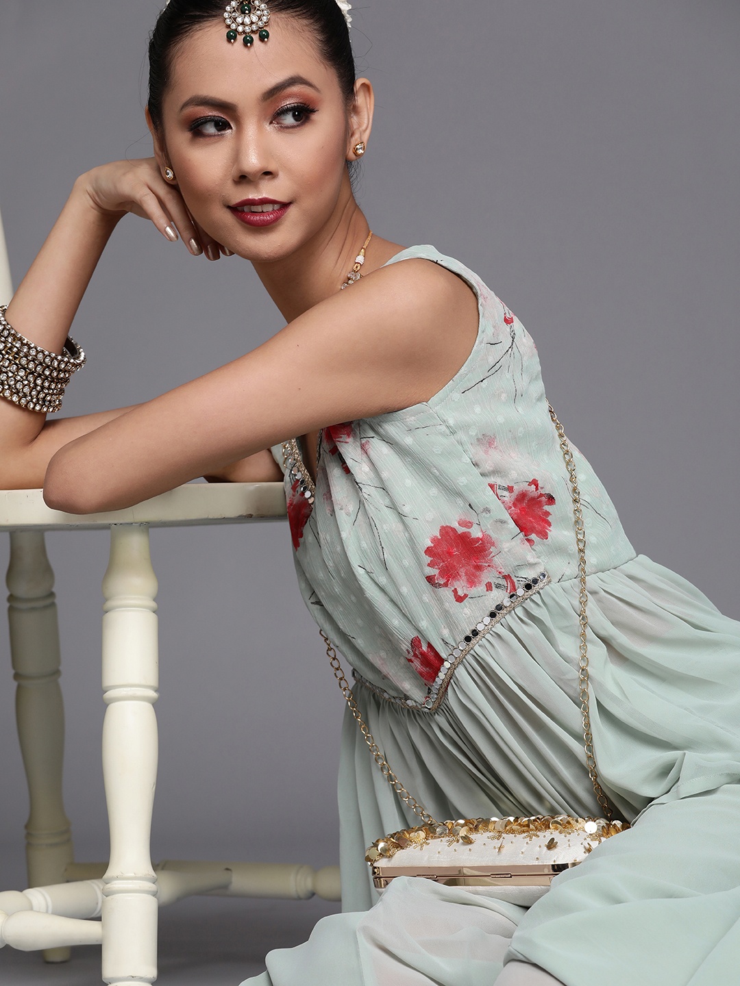 

Inddus Women Green Printed Top with Ruffled Palazzo