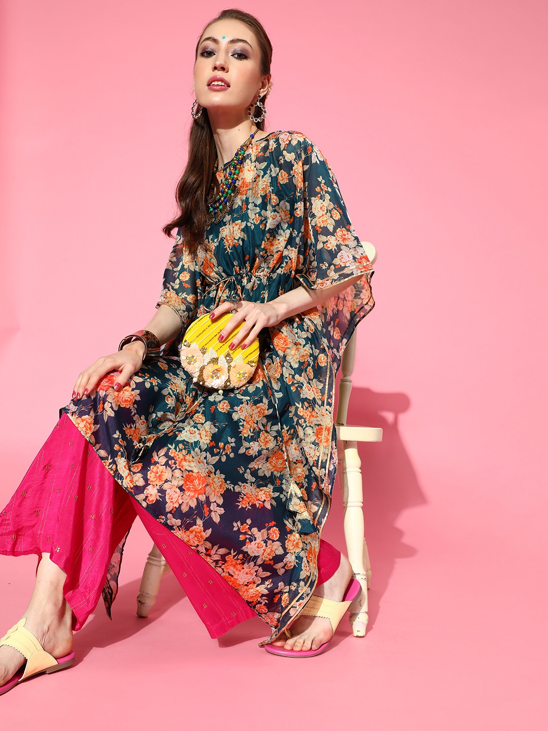 

Inddus Tranquil Teal Green Printed Organza Kaftan Kurta