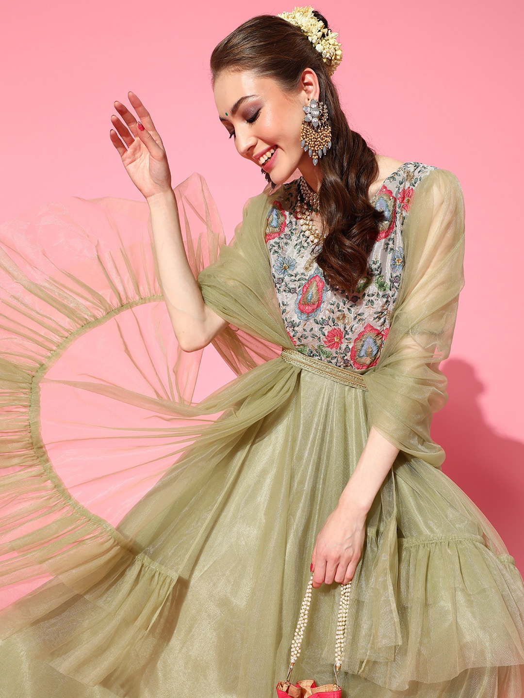 

Inddus Gorgeous Green Embroidered Yoke Puff Sleeves Kurta With Ruffle Dupatta & Belt